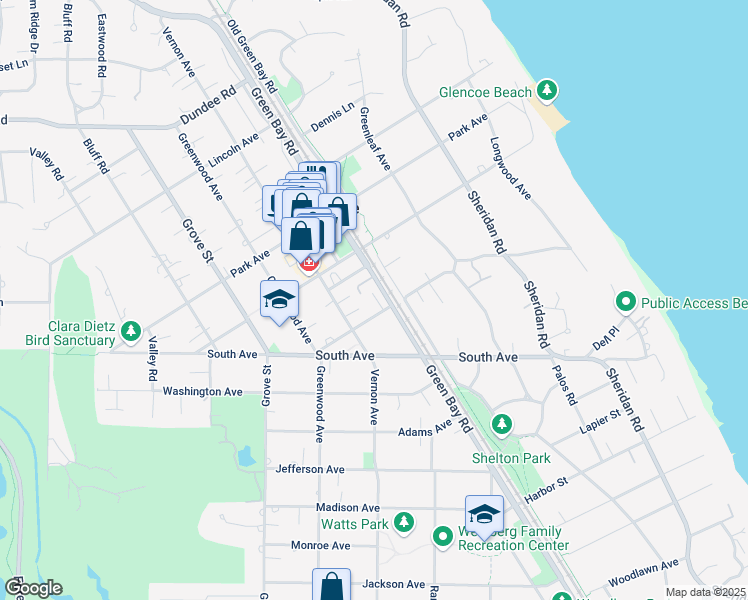 map of restaurants, bars, coffee shops, grocery stores, and more near 588 Green Bay Road in Glencoe