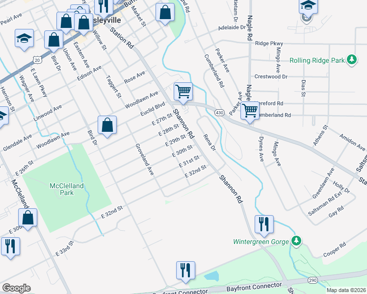 map of restaurants, bars, coffee shops, grocery stores, and more near 2924 East 30th Street in Erie