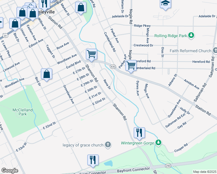 map of restaurants, bars, coffee shops, grocery stores, and more near 50 Rena Drive in Erie