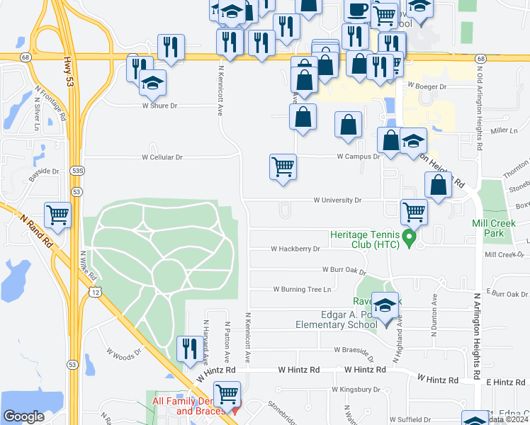 map of restaurants, bars, coffee shops, grocery stores, and more near 845 West University Drive in Arlington Heights