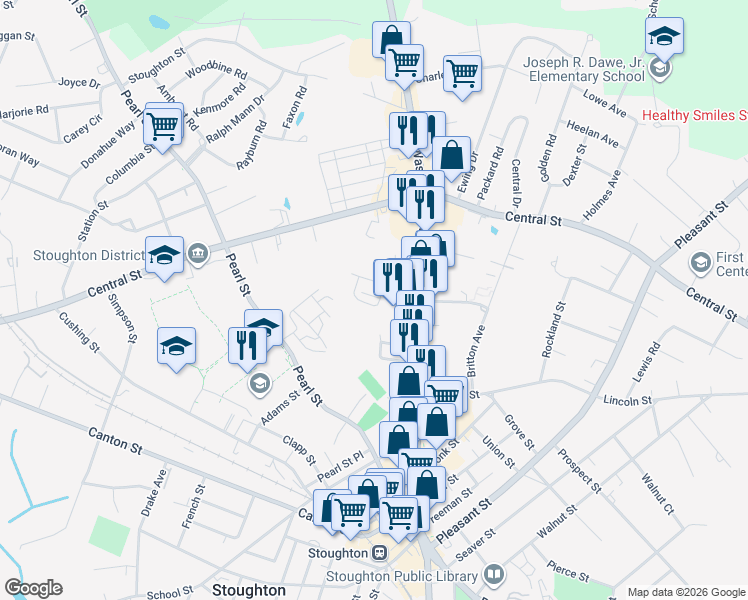 map of restaurants, bars, coffee shops, grocery stores, and more near 33 Bennett Drive in Stoughton