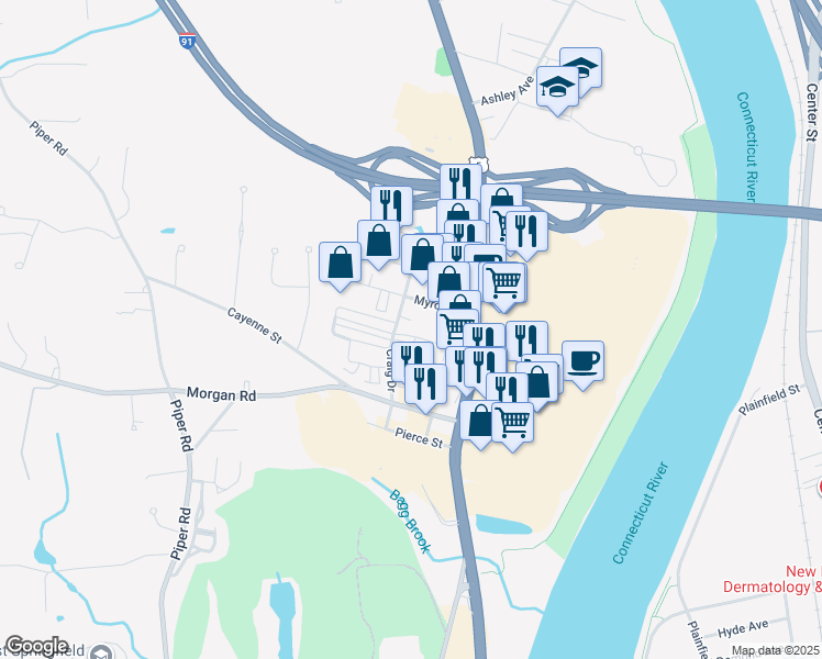 map of restaurants, bars, coffee shops, grocery stores, and more near 66 Bradford Drive in West Springfield
