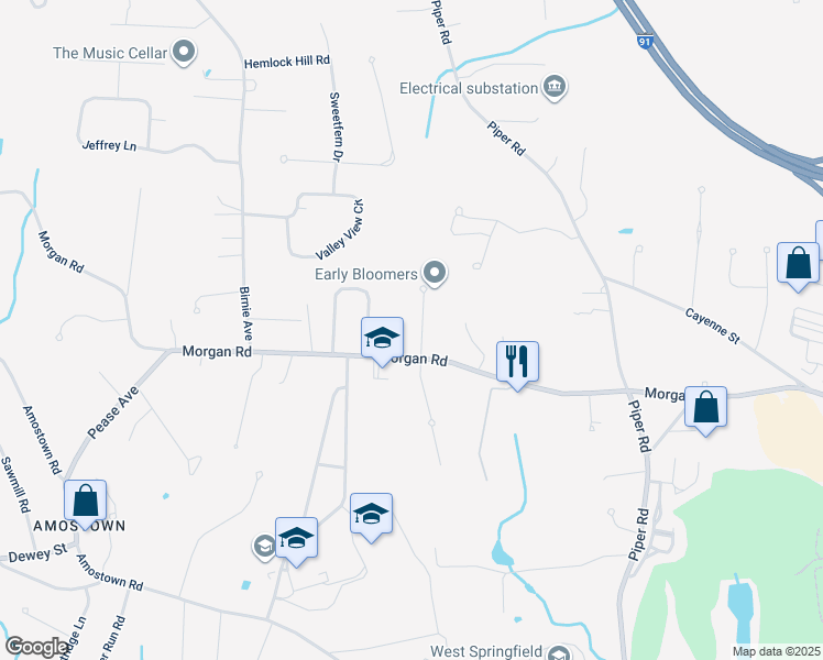 map of restaurants, bars, coffee shops, grocery stores, and more near 25 Blossom Road in West Springfield