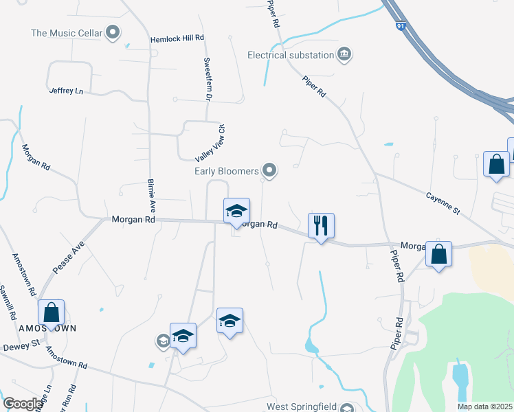 map of restaurants, bars, coffee shops, grocery stores, and more near 25 Blossom Road in West Springfield