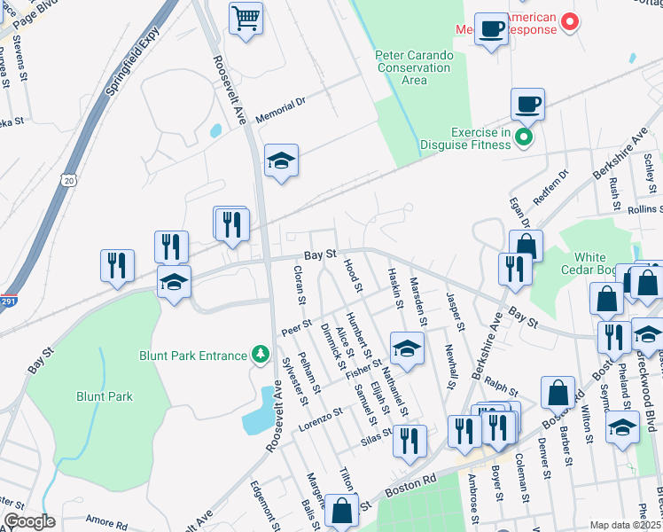 map of restaurants, bars, coffee shops, grocery stores, and more near 15 East Bay Path Terrace in Springfield