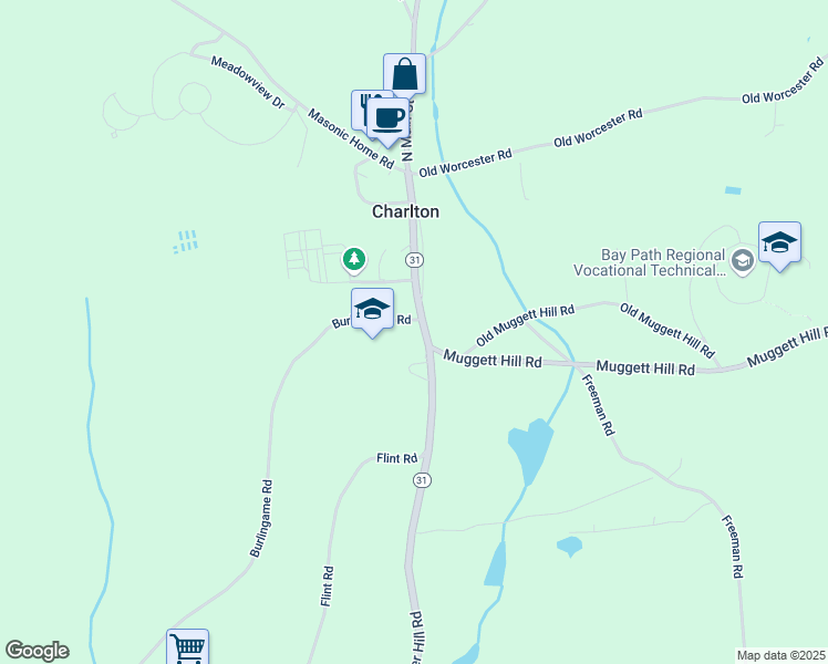 map of restaurants, bars, coffee shops, grocery stores, and more near 62 Main Street in Charlton