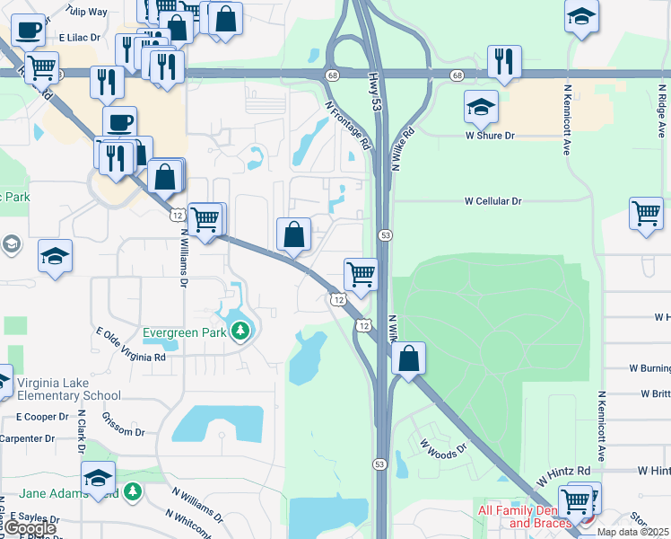 map of restaurants, bars, coffee shops, grocery stores, and more near 1209 East Long Valley Drive in Palatine