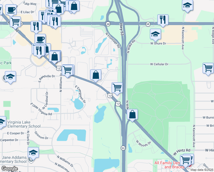 map of restaurants, bars, coffee shops, grocery stores, and more near 1211 East Long Valley Drive in Palatine