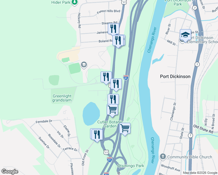 map of restaurants, bars, coffee shops, grocery stores, and more near 879 Front Street in Binghamton