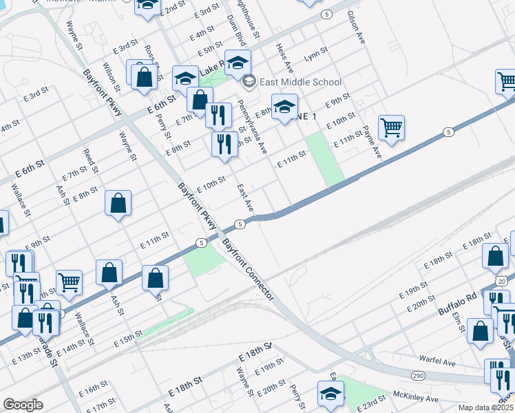 map of restaurants, bars, coffee shops, grocery stores, and more near 1120 East Ave in Erie