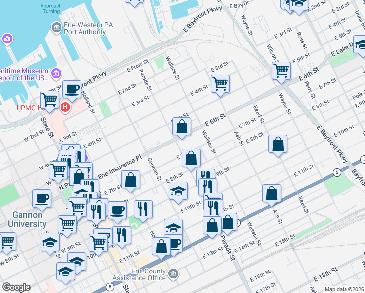 map of restaurants, bars, coffee shops, grocery stores, and more near 623 25 Parade Street in Erie
