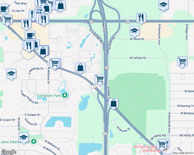 map of restaurants, bars, coffee shops, grocery stores, and more near 1205 East Long Valley Drive in Palatine