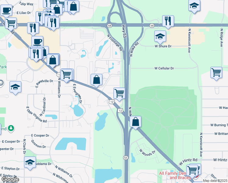 map of restaurants, bars, coffee shops, grocery stores, and more near 1205 East Long Valley Drive in Palatine