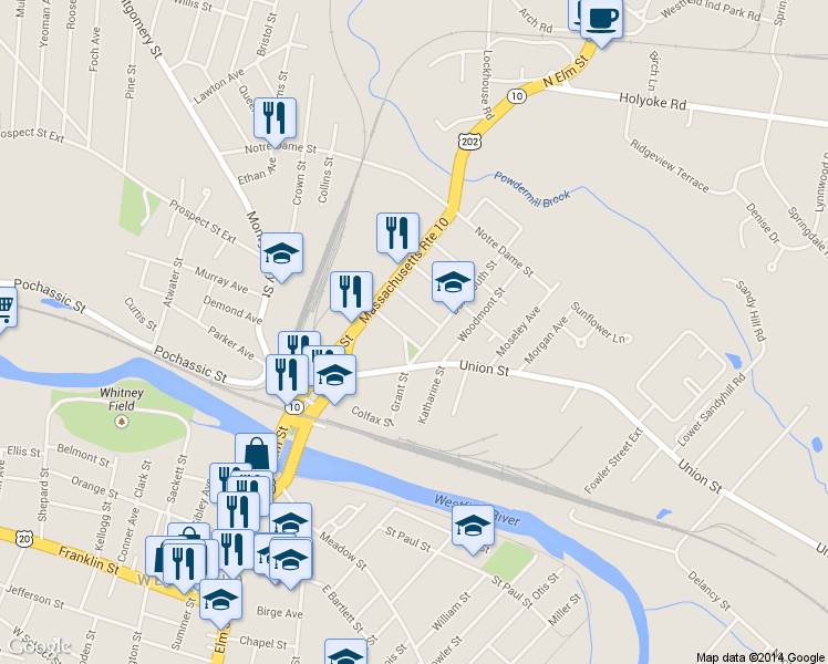 map of restaurants, bars, coffee shops, grocery stores, and more near 12 Columbia St in Westfield