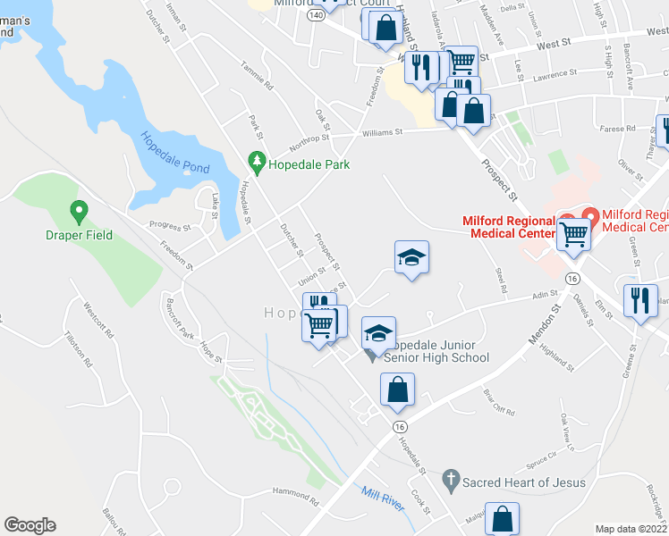 map of restaurants, bars, coffee shops, grocery stores, and more near 31 Union Street in Hopedale
