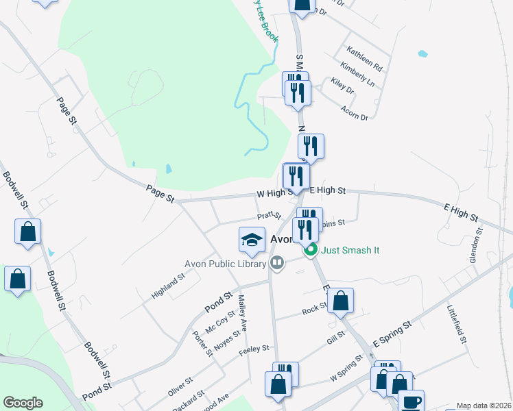map of restaurants, bars, coffee shops, grocery stores, and more near 15 Old Pratt Street in Avon