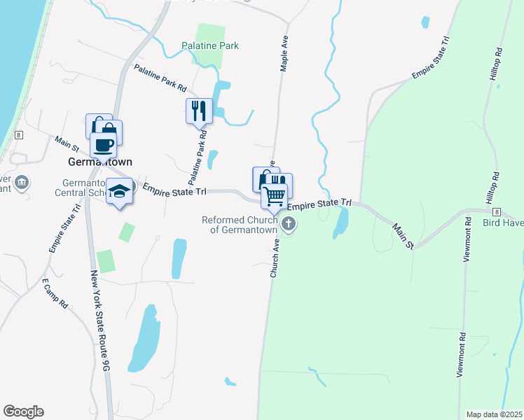 map of restaurants, bars, coffee shops, grocery stores, and more near 209 Main Street in Germantown