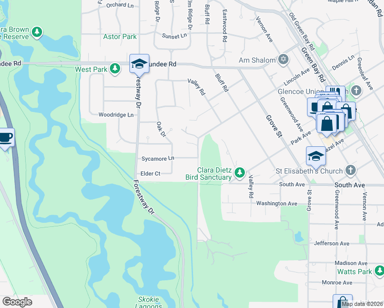 map of restaurants, bars, coffee shops, grocery stores, and more near 662 Sycamore Lane in Glencoe