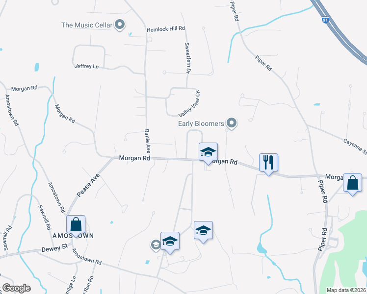 map of restaurants, bars, coffee shops, grocery stores, and more near 132 Jensen Circle in West Springfield