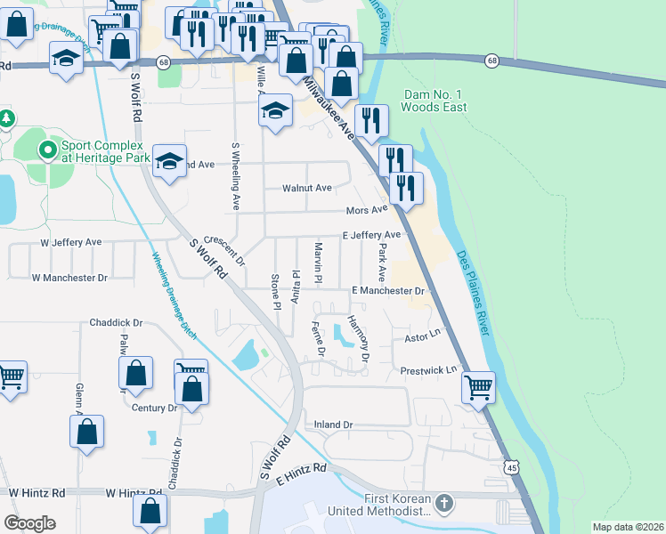 map of restaurants, bars, coffee shops, grocery stores, and more near 420 Jerome Place in Wheeling