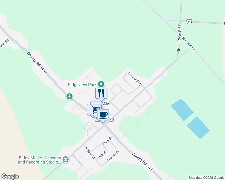 map of restaurants, bars, coffee shops, grocery stores, and more near 168 Klundert Crescent in Kingsville
