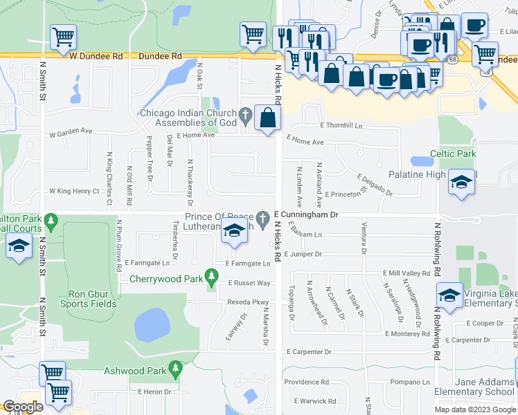 map of restaurants, bars, coffee shops, grocery stores, and more near 224 East Cunningham Drive in Palatine