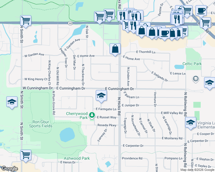 map of restaurants, bars, coffee shops, grocery stores, and more near 224 East Cunningham Drive in Palatine