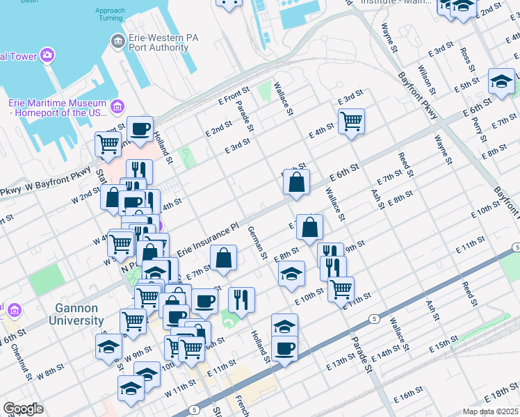 map of restaurants, bars, coffee shops, grocery stores, and more near 308 Pennsylvania 5 Alternate in Erie