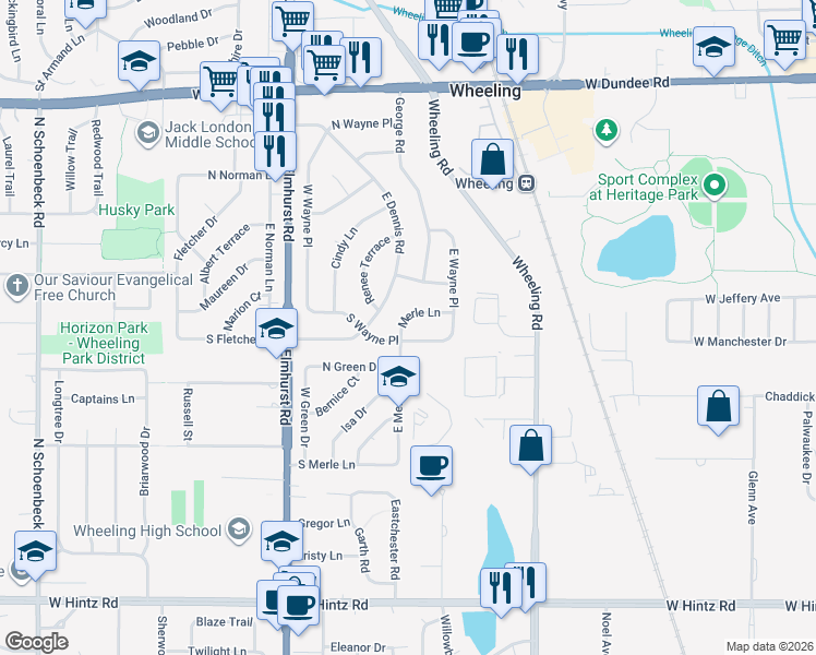 map of restaurants, bars, coffee shops, grocery stores, and more near 614 South Wayne Place in Wheeling