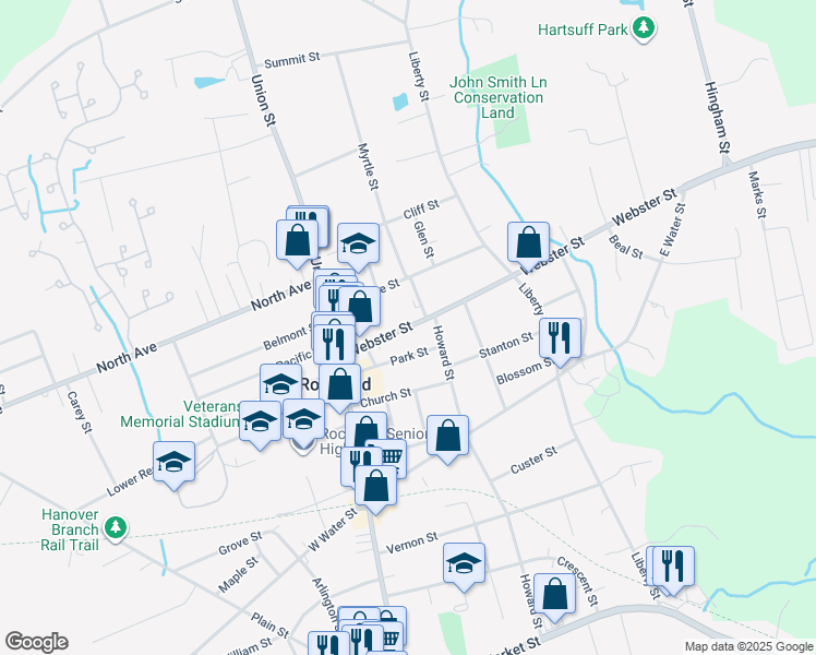 map of restaurants, bars, coffee shops, grocery stores, and more near 76 Webster Street in Rockland