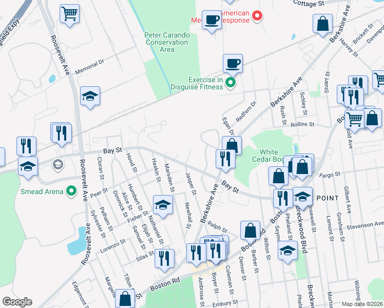 map of restaurants, bars, coffee shops, grocery stores, and more near 251 Jasper Street in Springfield