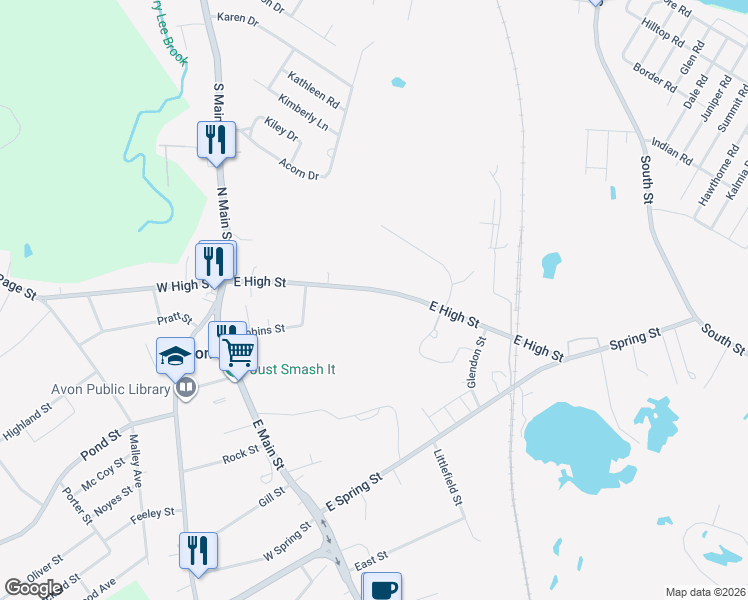 map of restaurants, bars, coffee shops, grocery stores, and more near 131 East High Street in Avon