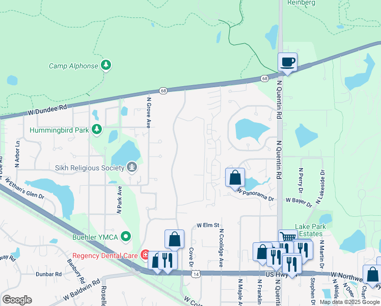 map of restaurants, bars, coffee shops, grocery stores, and more near 1145 North Sterling Avenue in Palatine