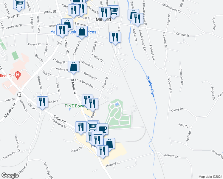 map of restaurants, bars, coffee shops, grocery stores, and more near 8 Pheasant Circle in Milford