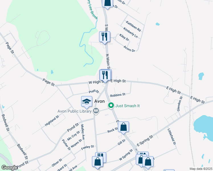 map of restaurants, bars, coffee shops, grocery stores, and more near 185 Main Street in Avon