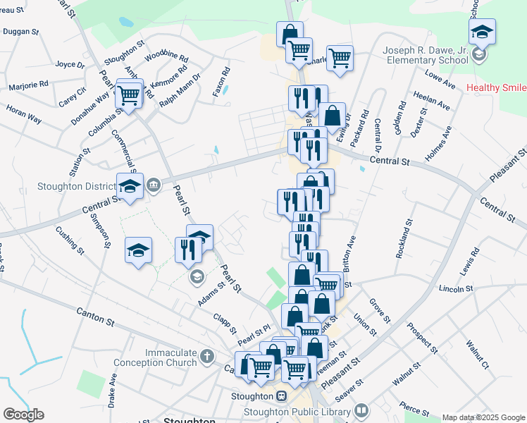 map of restaurants, bars, coffee shops, grocery stores, and more near 33 Bennett Drive in Stoughton