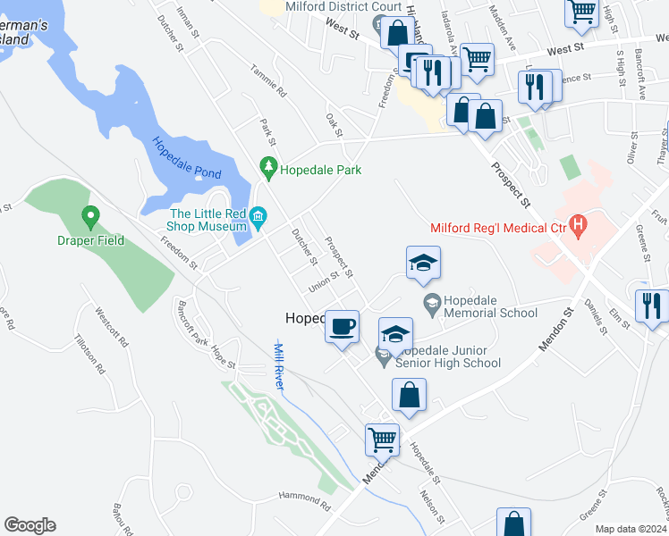 map of restaurants, bars, coffee shops, grocery stores, and more near 10 Union Street in Hopedale