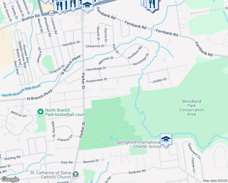 map of restaurants, bars, coffee shops, grocery stores, and more near 98 Barrington Drive in Springfield