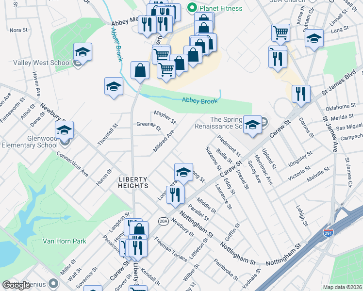 map of restaurants, bars, coffee shops, grocery stores, and more near 143-145 Roy Street in Springfield
