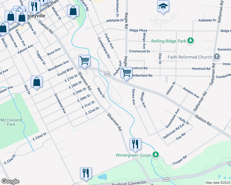 map of restaurants, bars, coffee shops, grocery stores, and more near Mindi Ct in Erie