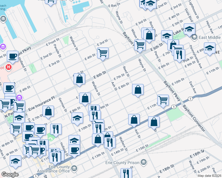 map of restaurants, bars, coffee shops, grocery stores, and more near 539-541 East 8th Street in Erie