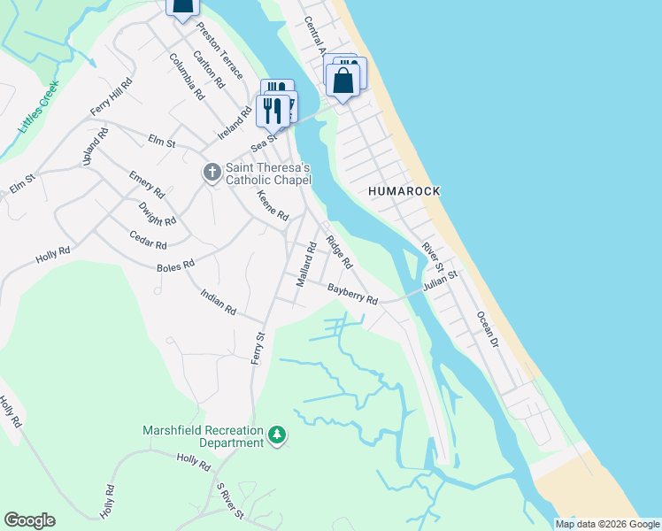 map of restaurants, bars, coffee shops, grocery stores, and more near 20 Meadow Lane in Marshfield