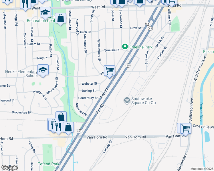map of restaurants, bars, coffee shops, grocery stores, and more near 3854 Fort Street in Trenton