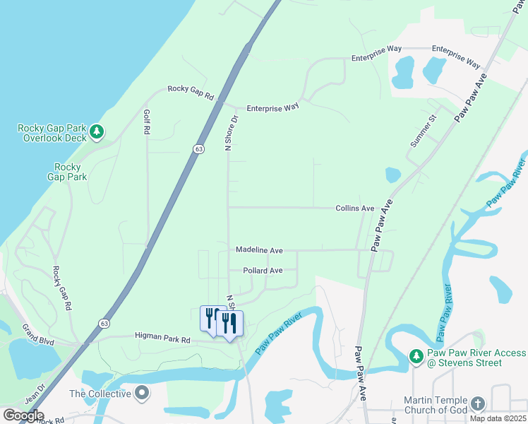 map of restaurants, bars, coffee shops, grocery stores, and more near 180 Collins Avenue in Benton Harbor