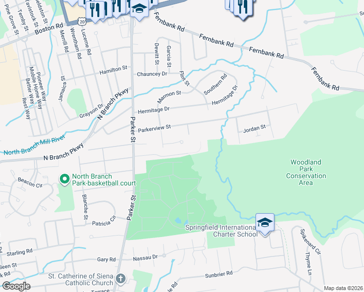 map of restaurants, bars, coffee shops, grocery stores, and more near 98 Barrington Drive in Springfield