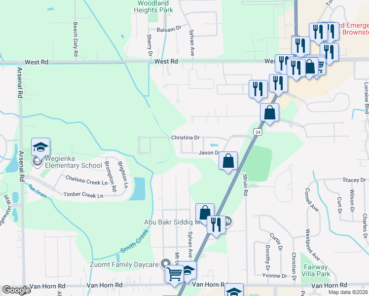 map of restaurants, bars, coffee shops, grocery stores, and more near 24916 Christina Drive in Brownstown Charter Township