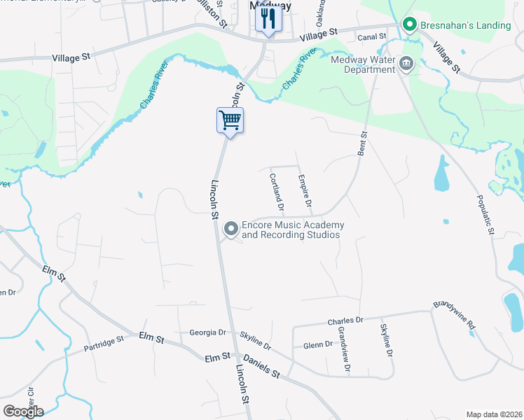map of restaurants, bars, coffee shops, grocery stores, and more near 84 Bent Street in Franklin