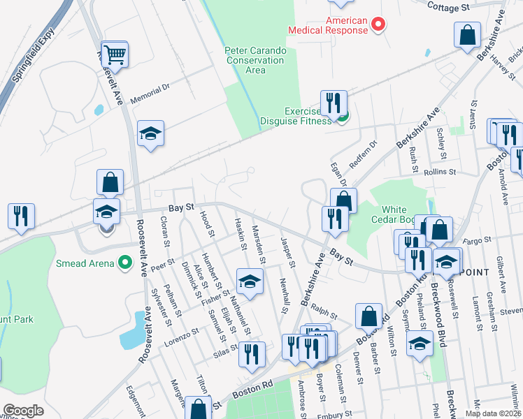map of restaurants, bars, coffee shops, grocery stores, and more near 1368 Bay Street in Springfield
