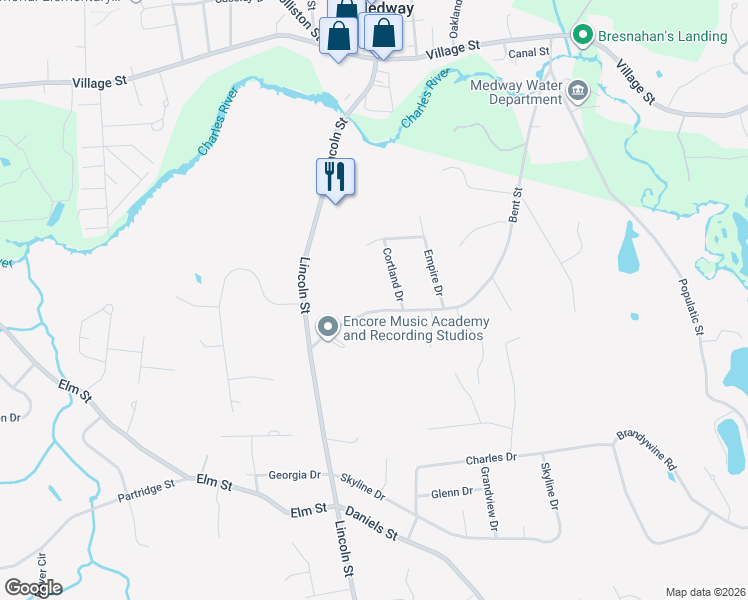 map of restaurants, bars, coffee shops, grocery stores, and more near 84 Bent Street in Franklin