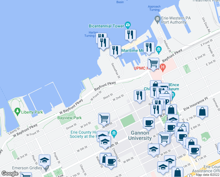 map of restaurants, bars, coffee shops, grocery stores, and more near 247 West Front Street in Erie